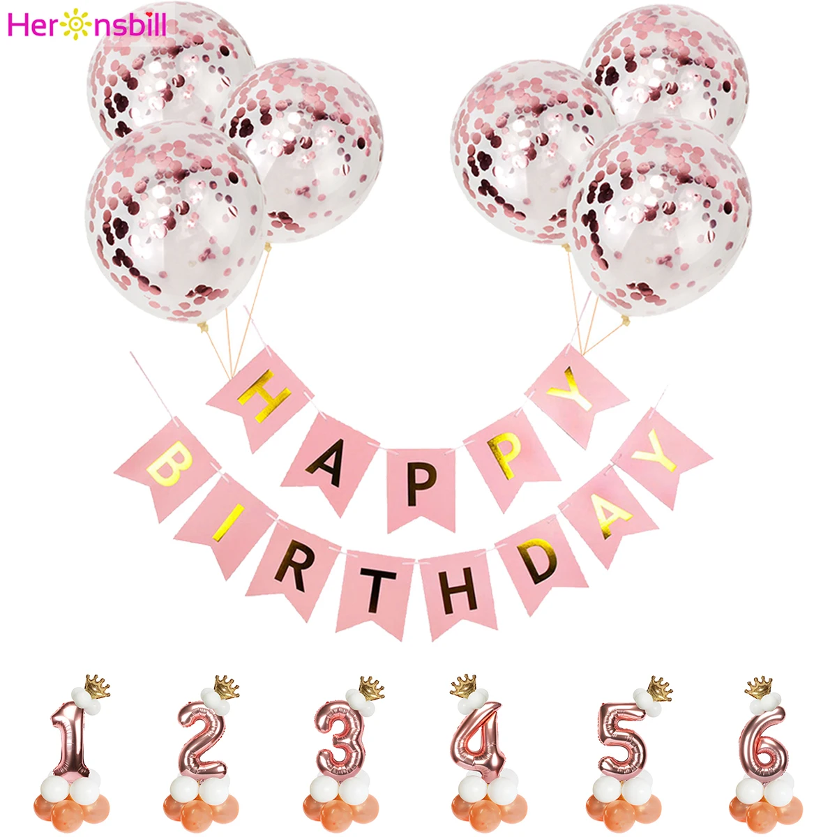 

1st 1 2 3 4 5 6 7 8 9 Years Happy Birthday Banner Foil Balloons Baby Girl Party Decoration Kids Latex Rose Gold Supplies 2nd 3rd