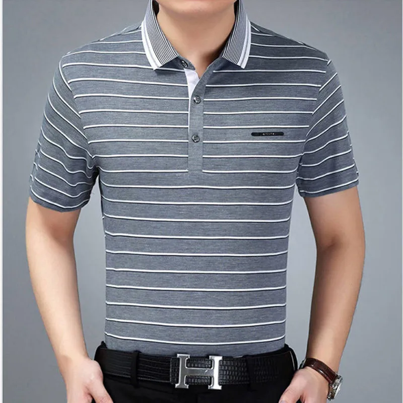 Classic Stripe Knit Cotton Short Sleeve Men Polo Shirt