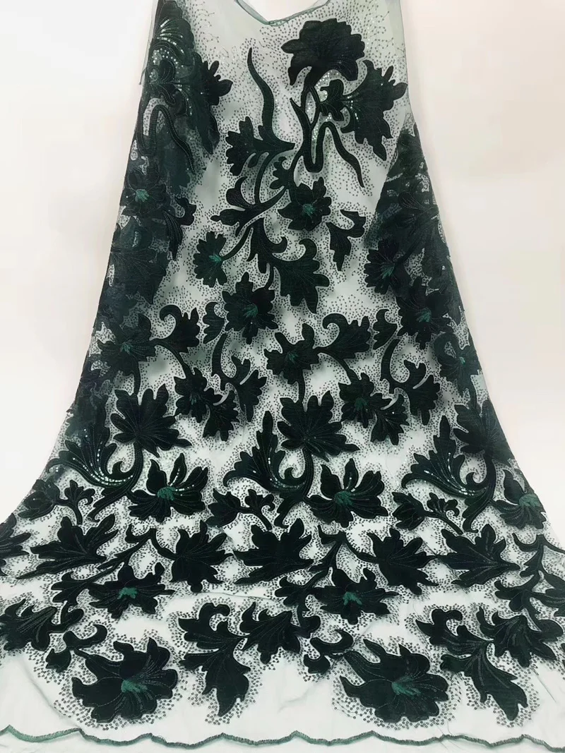 

(5yards/pc) smooth African velvet lace fabric deep green French net lace fabric with sequins for party dress FZZ148