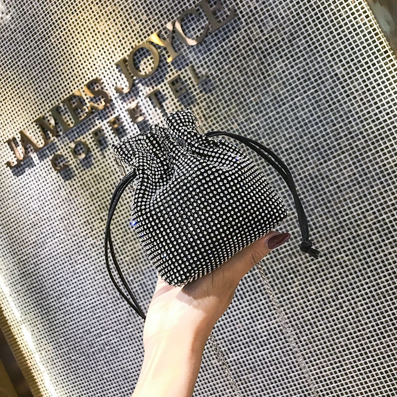 

New Fashion Rhinestone Mini Chain Shoulder Messenger Bags Black Silver Women Purses and Handbags High Quality Crossbody Bags