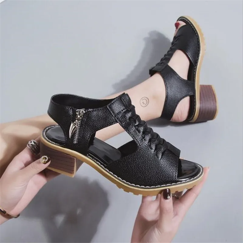 

DIWEINI 2019 Vintage Elegant Mid Square Heel Women's Sandals Summer Style Peep Toe Cross Tied Side Zip Design Shoes Woman Shoes