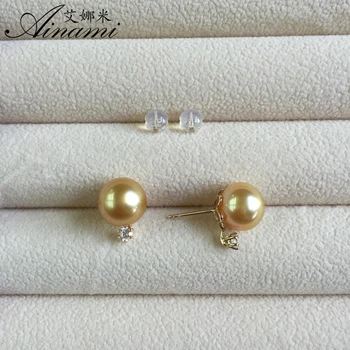 

[Ainami] High Quality Jewelry Gold Pearl Earrings 10-11mm Big South Sea Earrings 14k Yellow Gold Studs Earrings Free shipping