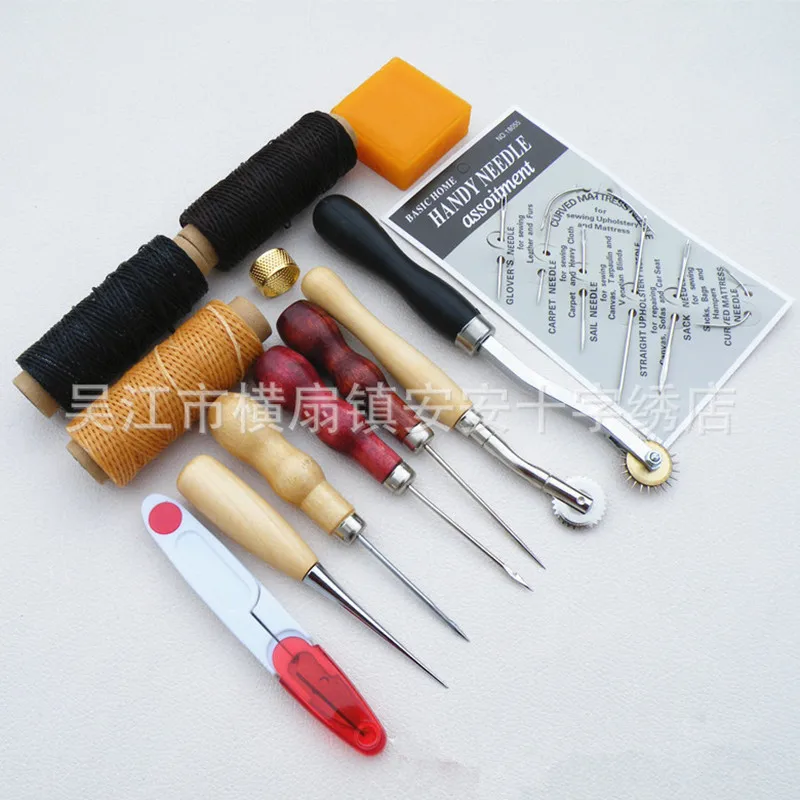 DONYAMY 13Pcs/set Leather Craft Hand Stitching Sewing Tool Thread Awl Waxed Thimble Kit Leather Tool Set