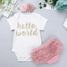 Комплект из 3 предметов для маленьких девочек «Hello World», комбинезон с короткими рукавами и шаровары, комплект с повязкой на голову, Фотография новорожденных Вечерние