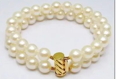 Free Shipping >> new hot 2 ROW 9-10MM JAPANESE AKOYA WHITE PEARL BRACELET 14K SOLID GOLD MARKED 7.5-" | Украшения и