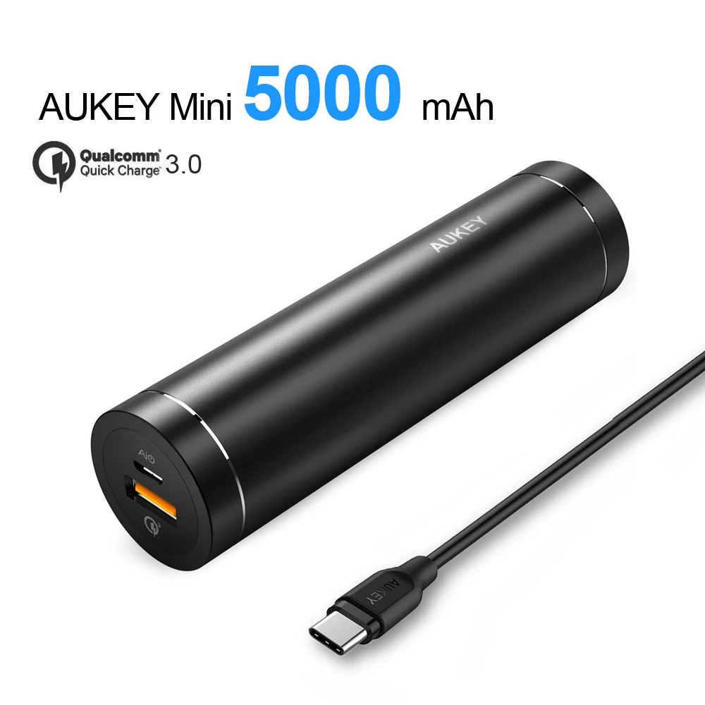  AUKEY Quick Charge 3.0 5000mAh Mini Cylindrical Power Bank with AiPower Adaptive Charging Portable External Battery for Phones 