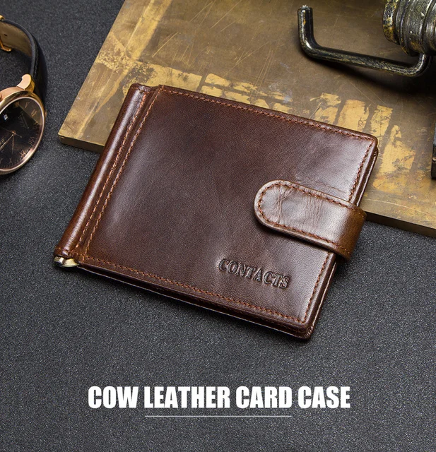 CONTACT'S Cow Leather Money Clip Men Card Wallet Thin Money