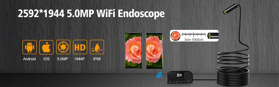 Câmera de Inspeção de Cobra 5.0mp sem Fio Semi-rígida com Bateria de 1800 Mah para Ios Endoscópio Android Telefone Inteligente 2560*1920 & 3 Câmeras de vigilância