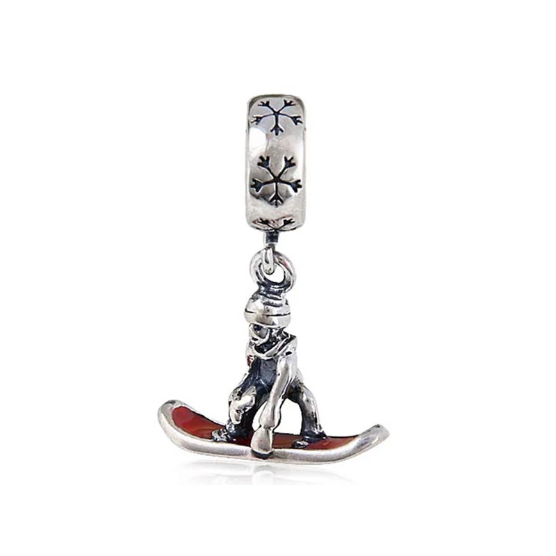 

ROCKART 100% 925 Sterling Silver Snowboarder Silver Dangle With Red Enamel Charm Fits European Bracelet DIY Jewelry Wholesale