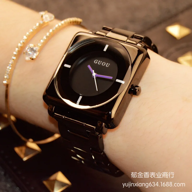 Relógio de Pulso com Pulseira de Quartzo Feminino em Ouro Rosa Preto com Correia de Aço Inoxidável Quadrado Simples e de Luxo de Alta Qualidade hk - Image 2