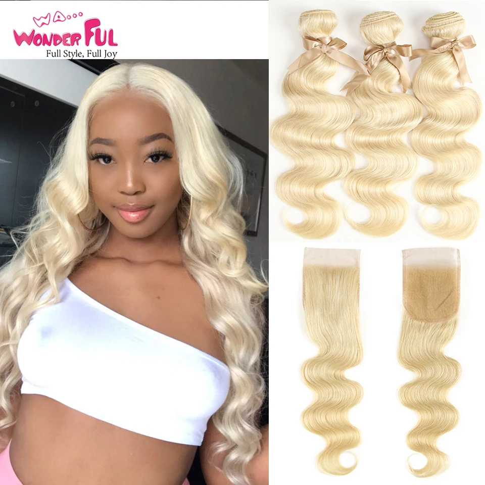 

613 Blonde Bundles With Closure Peruvian Body Wave Remy Human Hair 3 Bundles With Closure 10 To 26 Inch Can be Dyed To Any color