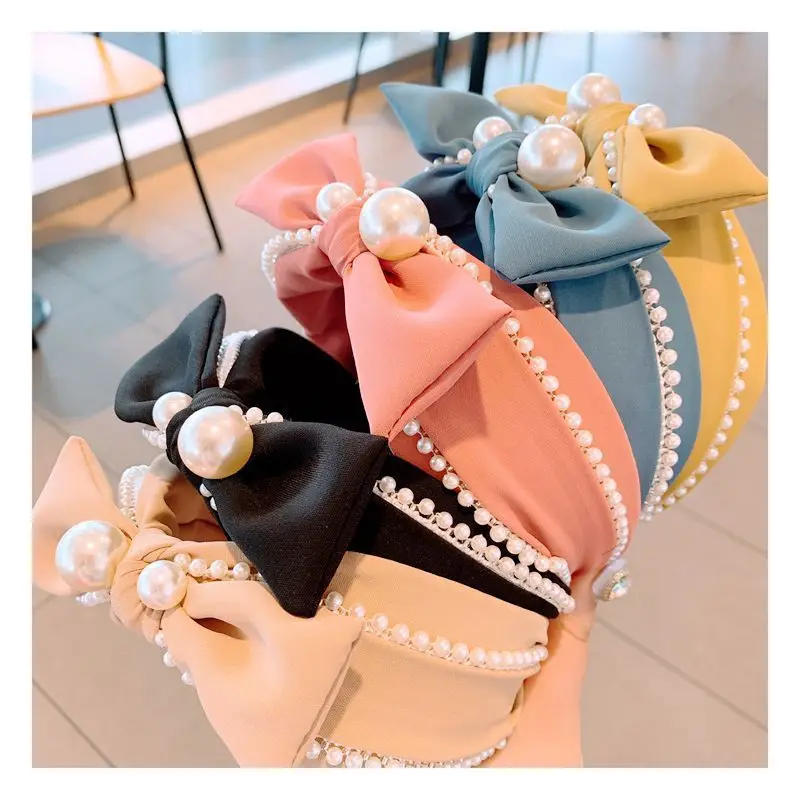 

New 2019 door original small sweet wind customization model simulation silk bowknot pearl joker wide brimmed hair hoop hairpin
