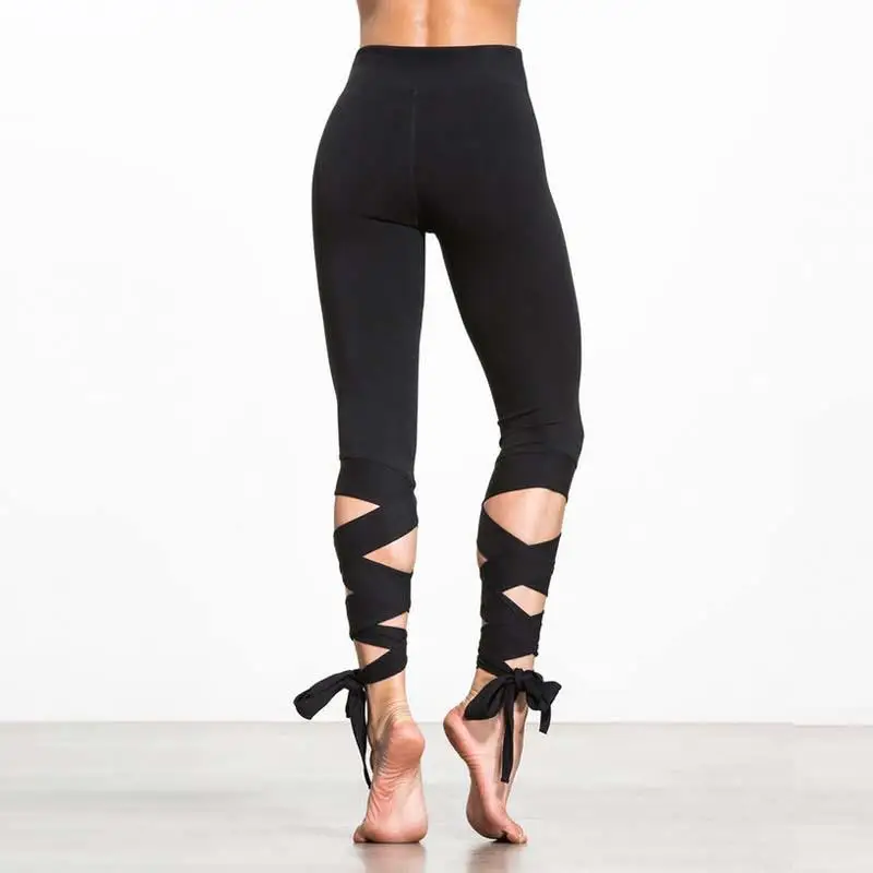 Elegant Women Ballet Leggings Sporting High Elastic Fitness Solid Bandage Cross-line Leggings For Women Workout Cropped Pants - Цвет: Black