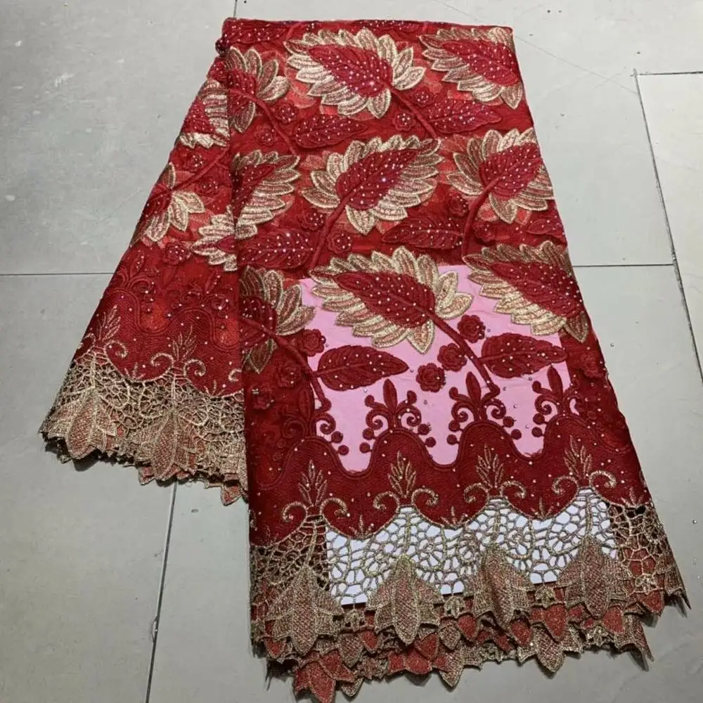 

Free Shipping High Quality Nigerian Lace Fabric red French Lace Fabric For Party Dress Lace African Lace Fabric 5 Yards