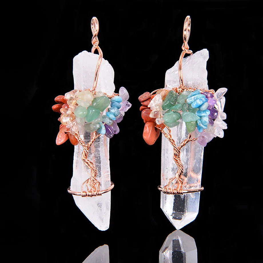 Natural White Crystal Big Pendant Reiki Chakra Tree of Life Rose Gold Color Handmade Wire Wrapped for Necklace D001 | Украшения и