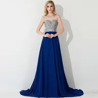 Real Photo Fashion Sleeveless Royal Blue Prom Dresses 2015 With Beads and Sequins For Women Chiffon Sheer Back Party Prom Gown