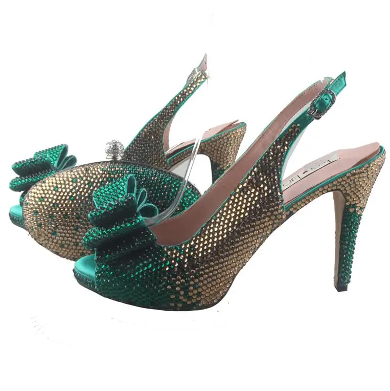BS959/DHL; комплект из туфель ручной работы с голубыми кристаллами и сумочки; женские свадебные туфли на блочном каблуке; BS959 - Цвет: Green