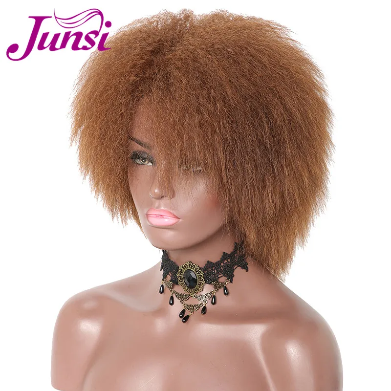 JUNSI афро кудрявый вьющиеся волнистые коричневый синтетические волосы бразильские кудри тканые парики