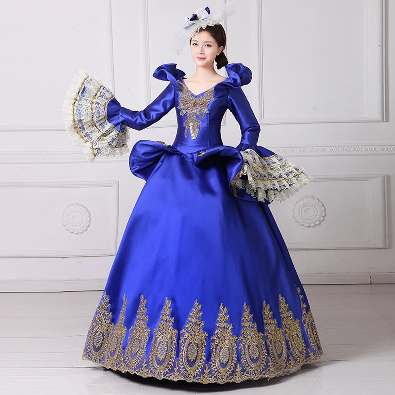 Высокое качество Королевский квадратный вырез горловины длинными расклешенными рукавами синий вышивка вампира вечерние платье 18th века Мария Антуанетта длинное платье
