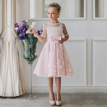Fancy Pink Flower Girl Dress with Appliques Half Sleeves Knee Length A Line Gown with Ribbon