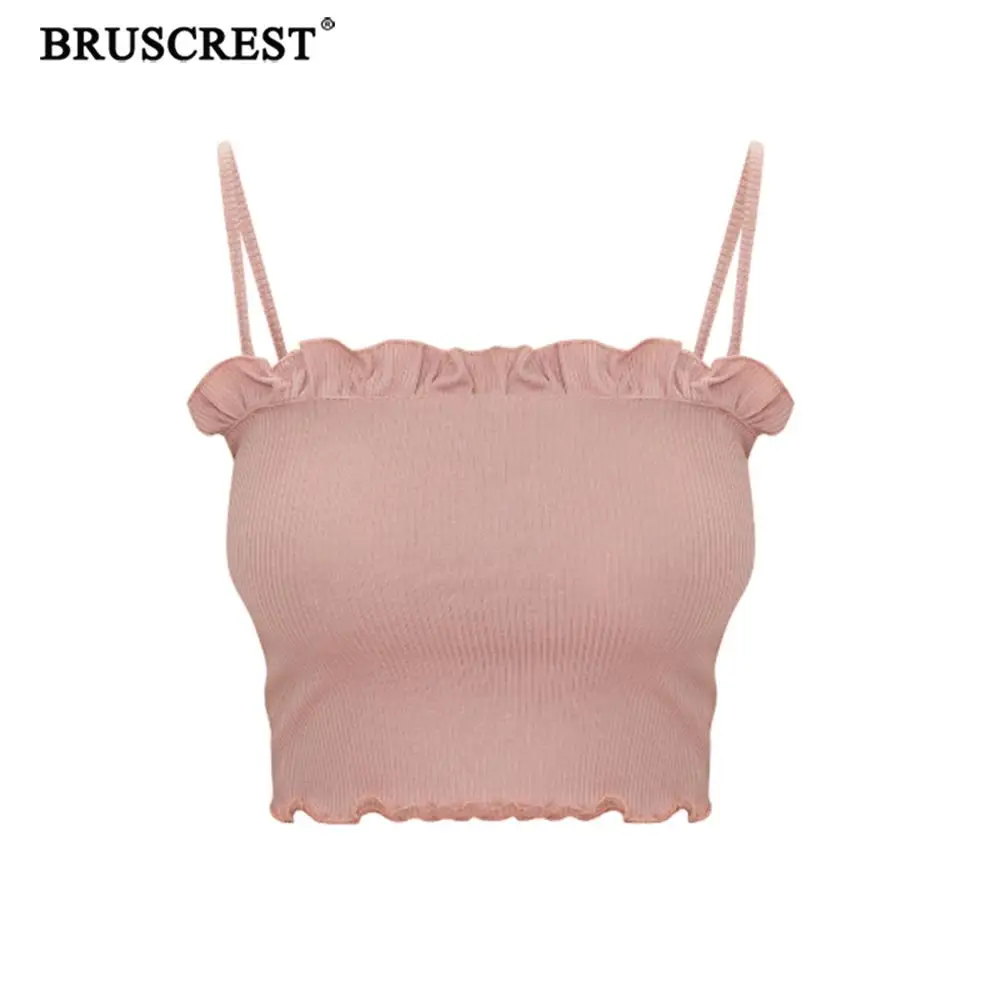 

Sexy crop top women pink white cami halter top elegant ruffle Summer tops for women 2019 cropped female casual streetwear Korean