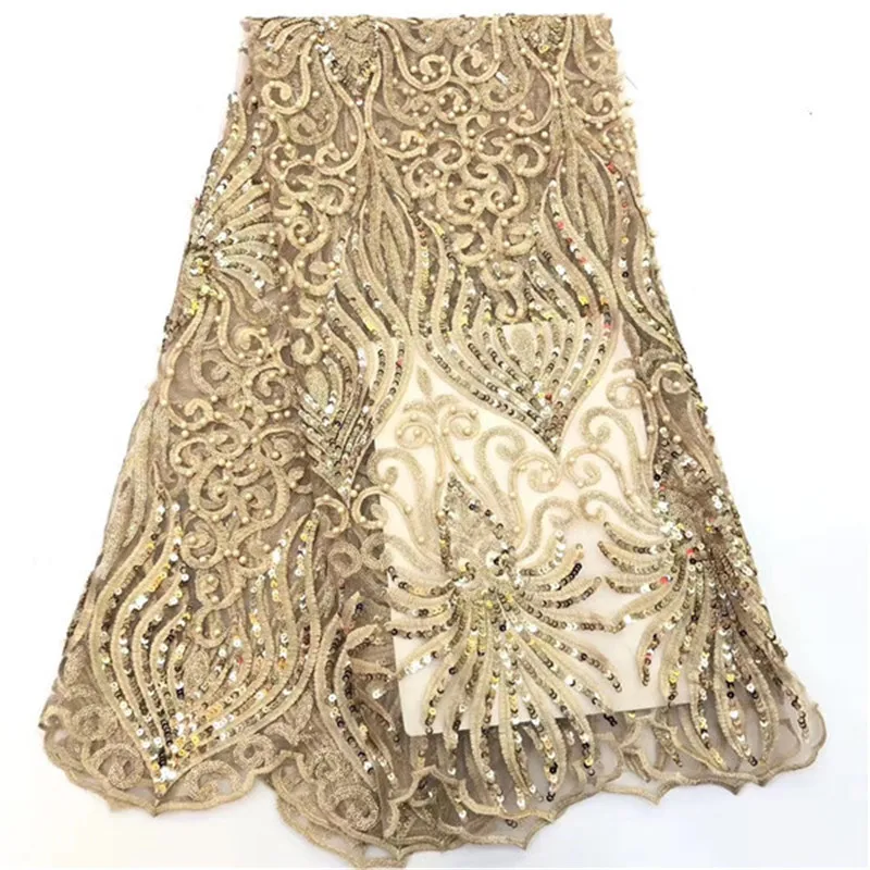 

High Quality African Lace Fabric With Gold Sequins Tissu Indian Wedding Dress Fabric French Beads Mesh Tulle Lace Material