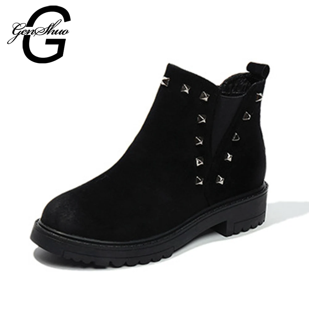 

GENSHUO 2018 Women's Winter Boots Women Shoes Retro Rivet Women Boots Short Plush Warm Flat Shoes Round Toe Women's Boots Black