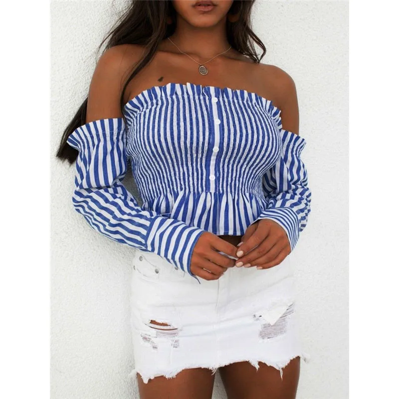 

High Street Off Shoulder Corset Shirt Women Crop Top Autumn New Striped Womens Tops and Blouses Long Sleeve Corset Women Blouse