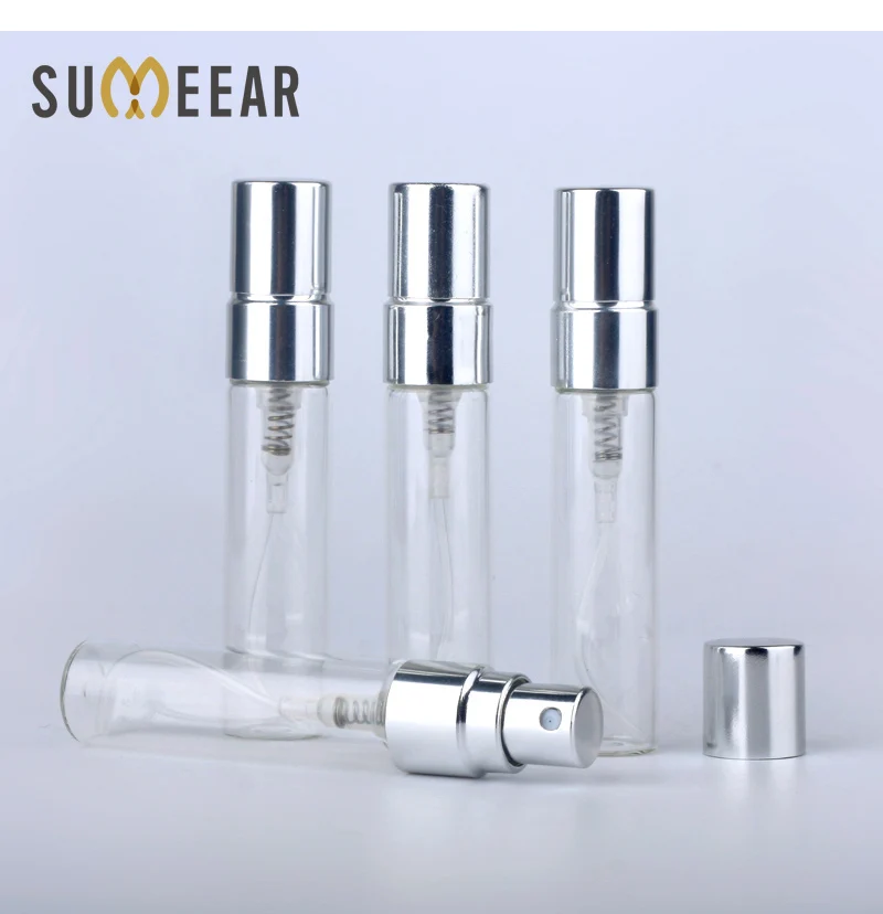 100PCS/Lot 5ml Parfum Portable Refillable Spray Bottle Sample Perfume Bottle Atomizer Silver Metal Pump Cosmetic Case Travel