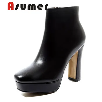 

ASUMER NEW 2020 platform genuine leather boots pointed toe solid winter ankle boots simple fashion high heels boots women shoes
