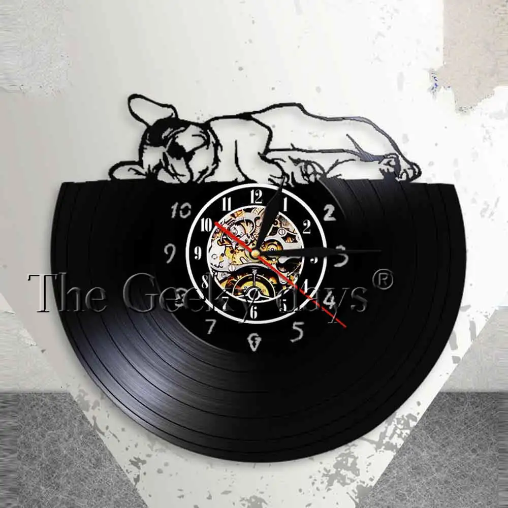 Adorable Sleepy French Bulldog Wall Clock Sleeping Puppy Bulldog Vinyl Record Wall Clock Pet