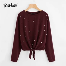 ROMWE, женская футболка, жемчужная, с бисером, с узлом спереди, футболка, Femme, осень, повседневная женская одежда, топы, бордовая, с длинным рукавом, рубашка