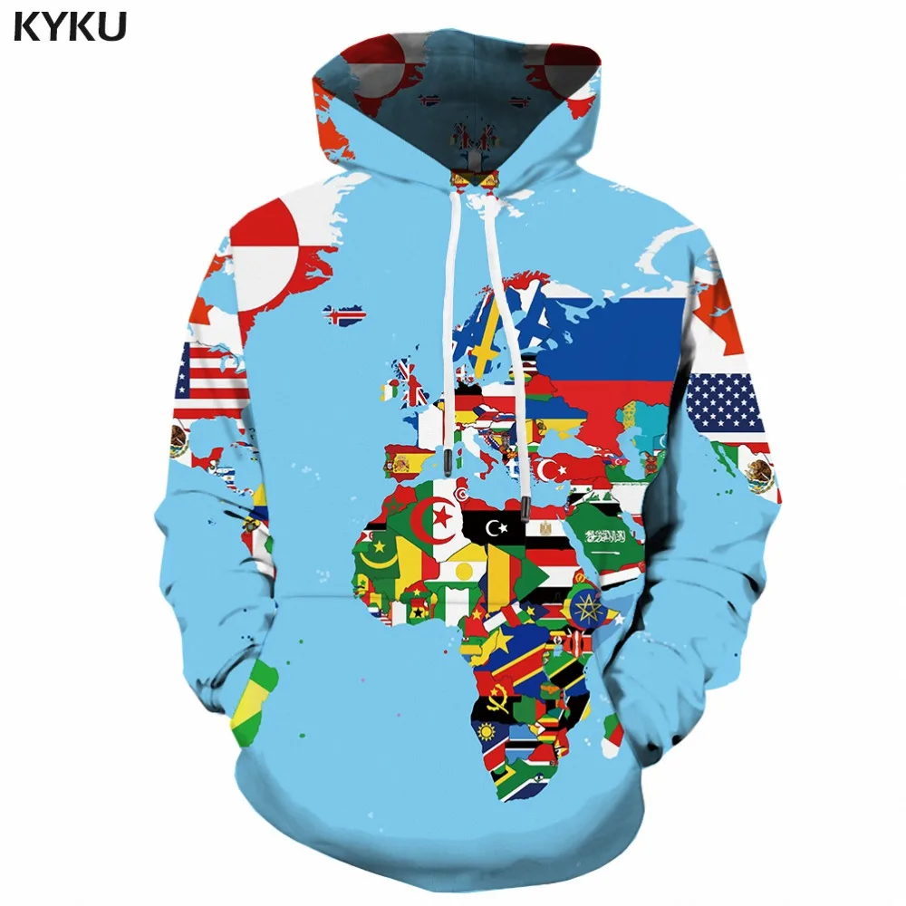 

KYKU World Map Hoodie Men Funny Sweatshirt Graffiti 3d Hoodies Anime Colorful Printed Mens Clothing Winter Long Pullover Hooded