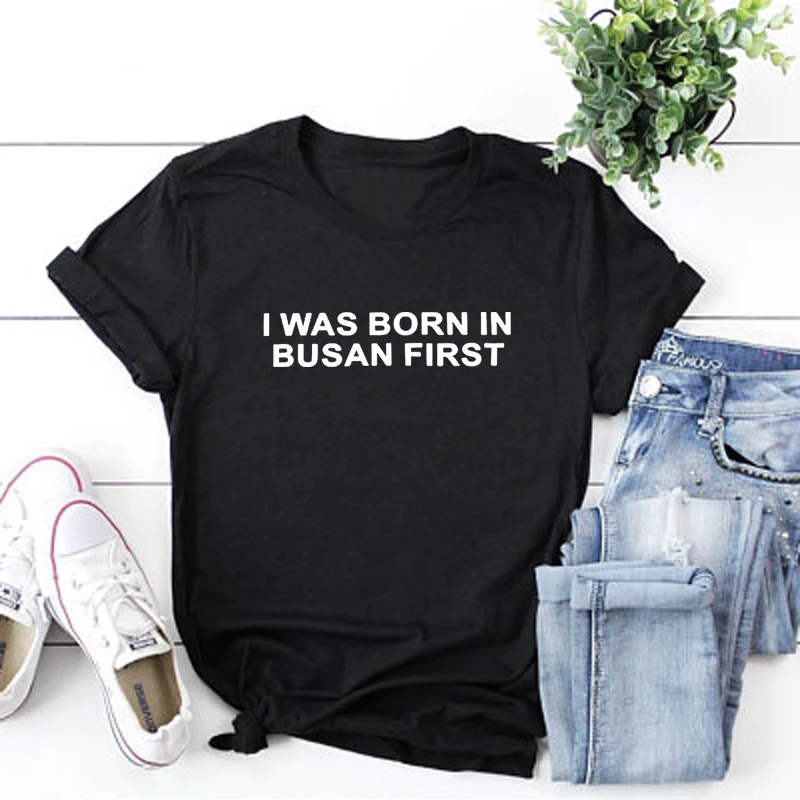 Летняя Корейская уличная одежда KPOP I Were Born In Busan первая футболка забавные женские