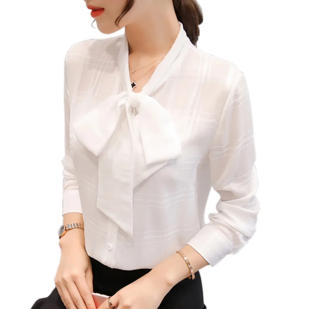

2018 Summer Autumn shirts women chiffon blouses Women casual slim formal work wear Business Office White shirts Tie Plus size