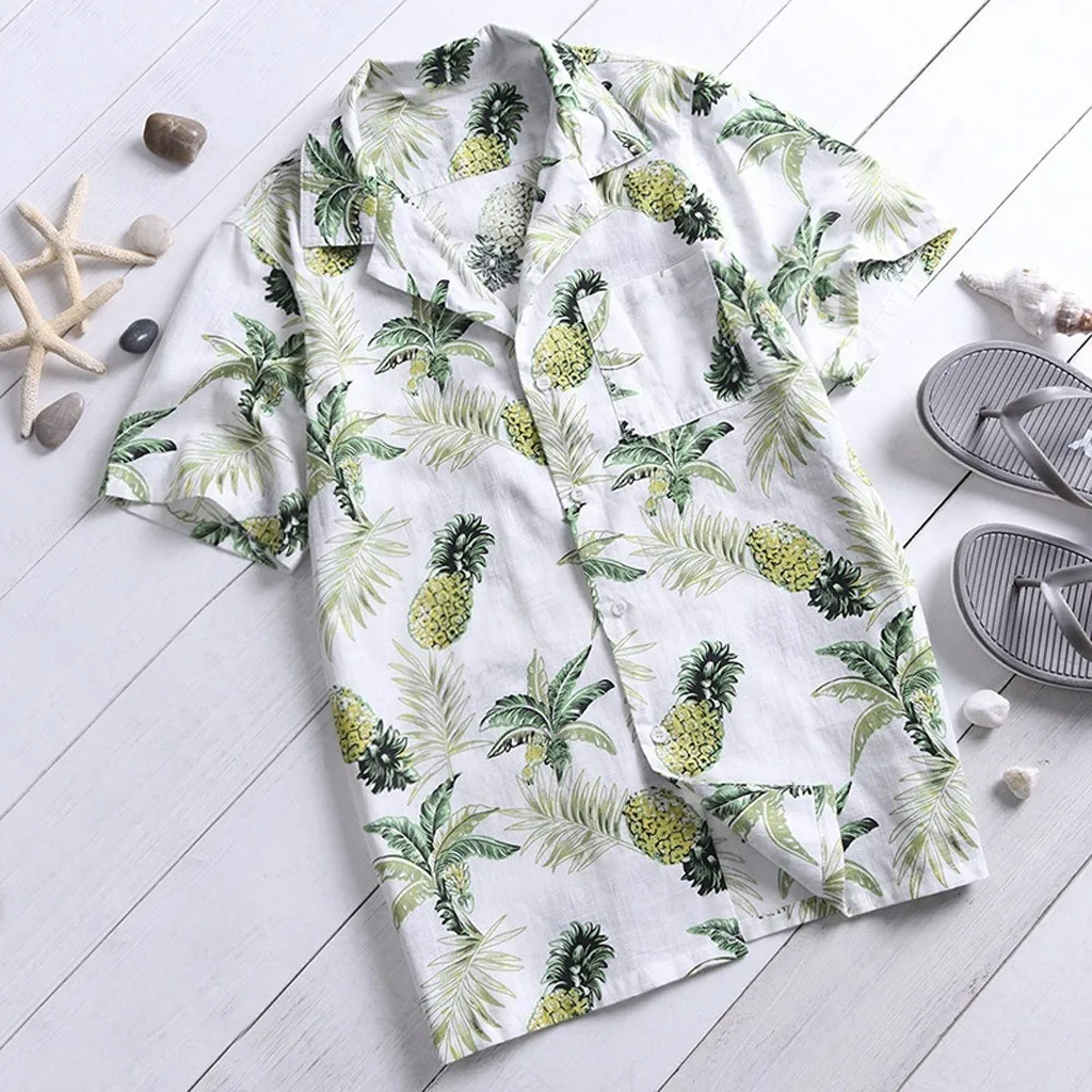 KLV 2019 Топ для мужчин рубашка Летняя мода фрукты печати Кнопка Slim Fit короткий рукав блузка 3,27