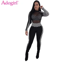 Adogirl Sheer Mesh Patchwork размер клетчатый женский сексуальный комбинезон с высоким воротом с длинным рукавом обтягивающий комбинезон женский гоночный костюм клубный комбинезон