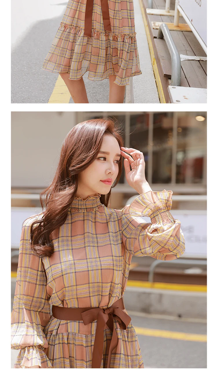 Dabuwawa New Spring Vintage Midi Dresses Women Ladies Plaid Bow Tie Turtleneck Chiffon Dress D18CDR086