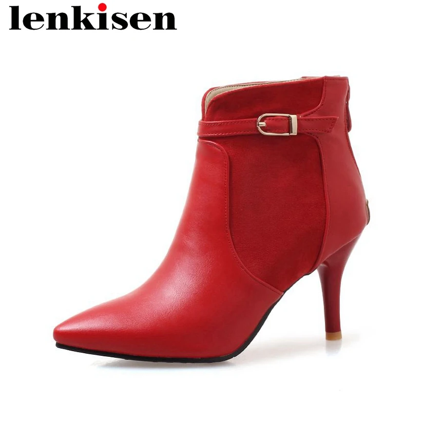 

Lenkisen concise style streetwear ankle boots pointed toe zipper plus size high heels pu buckle decoration women cozy shoes L8f2