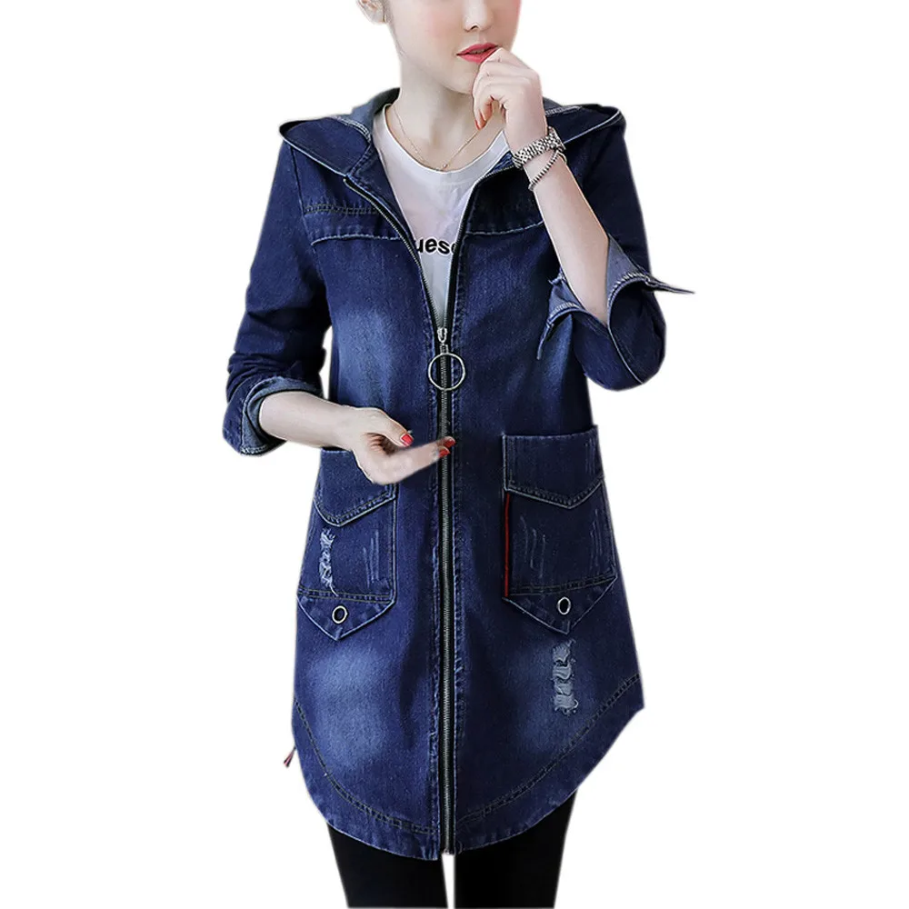 

Medium-long Cardigan New Fashion Women Plus Size Long Sleeve Denim Outcoat Pockets Hooded Jean Outwear USPS Dropshipping