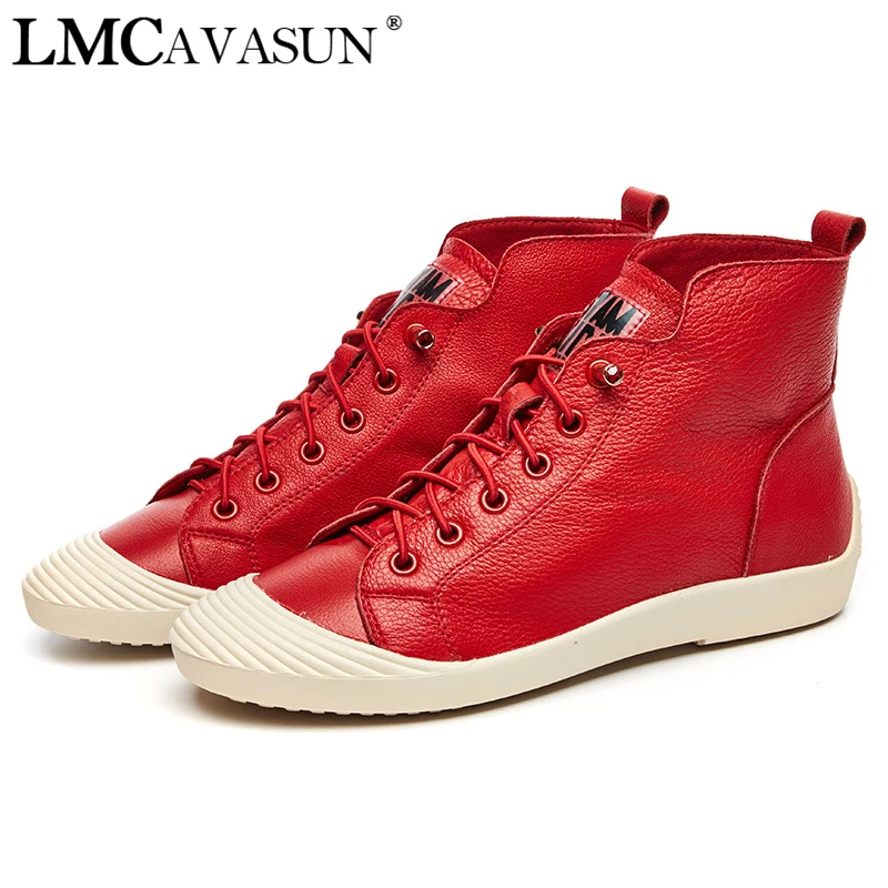 

LMCAVASUN 2019 spring new leather flat sneakers Red high-top women's shoes Korean version of pure leather boots 510-3