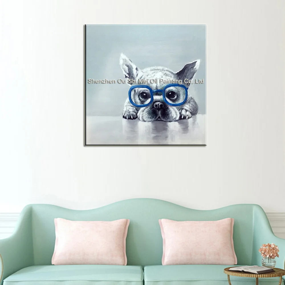 Kaufen Hand Painted Blue Gläser Hund Öl Bild Abstrakte Tier Ölgemälde auf Leinwand für Lving Zimmer Wand Dekor Grau Bulldog malerei