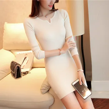 

Korean Women Autumn Winter Knitted Dress Solid Slim Bodycon Mini Sweater Dress O Neck Long Sleeve Sweaters and Pullovers