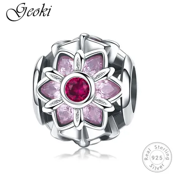 

Geoki 925 Sterling Silver Pink Dazzling Micro CZ Paved Flower Beads fit Pandora Bracelet Cherry Shaped Pendant Original Jewelry