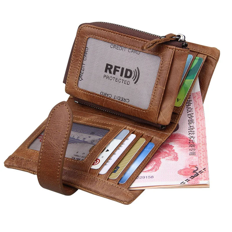 

Wallets Genuine Leather for Men Zipper Hasp Coins Purses Cards Slots RFID Protected Money Pockets SIM Card Slots Vintage Walets