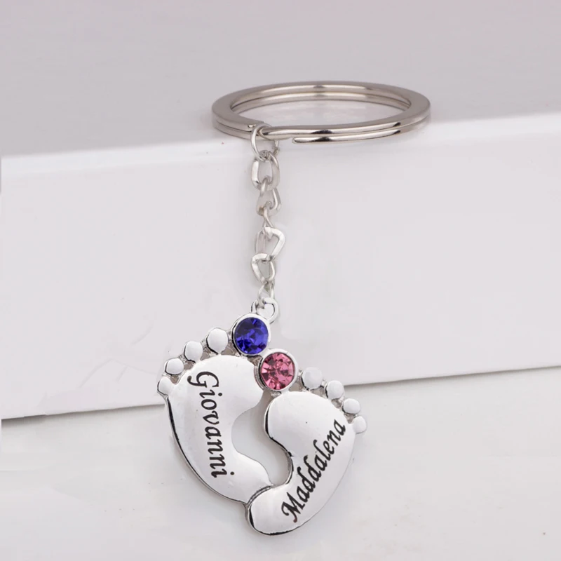 

2017 New Real White Gold Plated Baby Feet Keychain Custom Any Names & Birthstones Birthday Gift for Family YP3056
