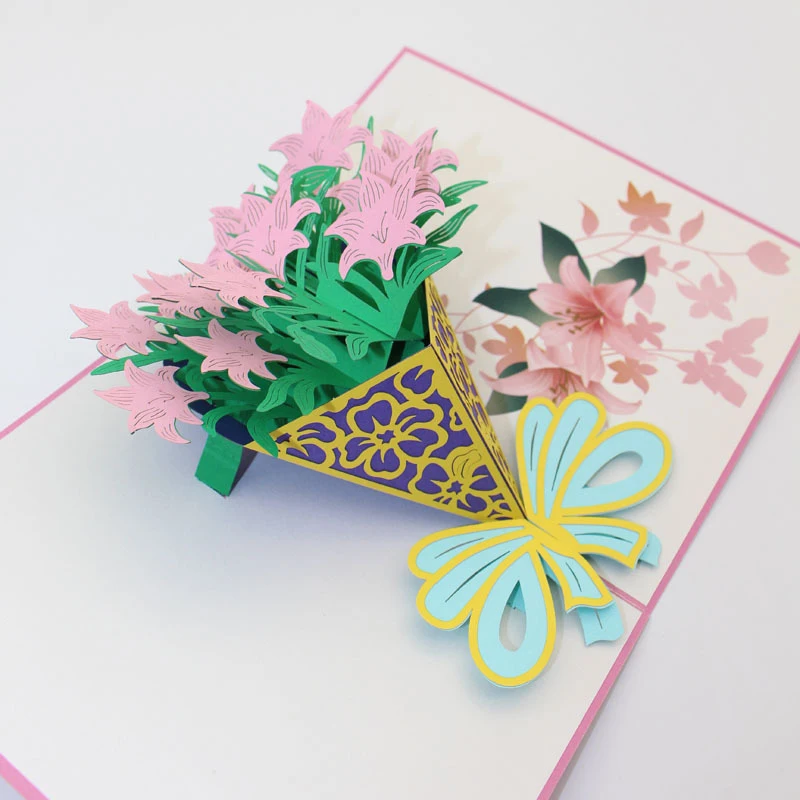  3D Laser Cut Handmade Pink Bouquet of Roses Lily Paper Invitation Greeting Cards Valentine's Day We - 32892383186