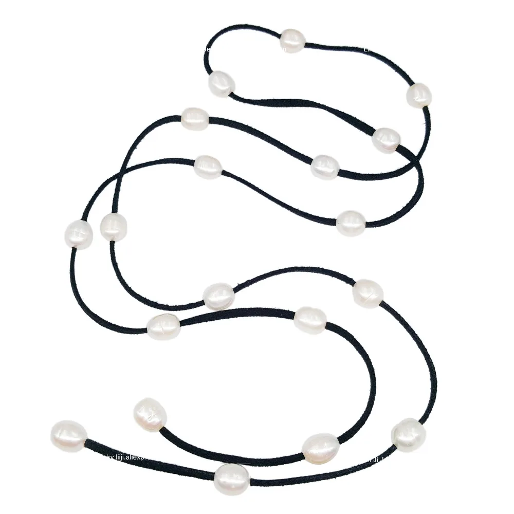 

LiiJi Unique Fashion Jewelry 45" White Freshwater Pearl Rice shape Black Leather Wrap Bracelet Necklace