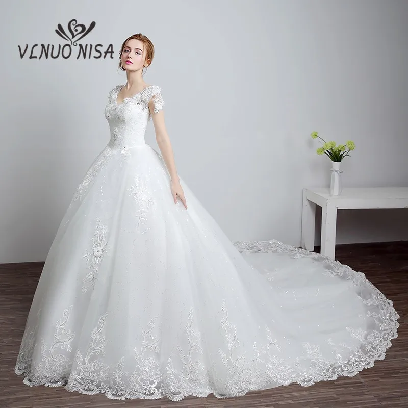 

Ball Gown Wedding Dresses 2018 New Style Sweet Big Train Lace Appliques Pearls Bridal Gowns Crystal Sequined Vestido De Novias