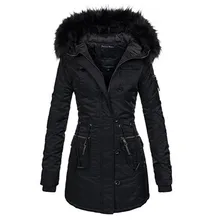 Готическое Женское зимнее плотное теплое хлопковое пальто, длинное черное пальто с искусственным мехом, парки с капюшоном, тонкий карман на молнии, женское повседневное пальто размера плюс для девушек